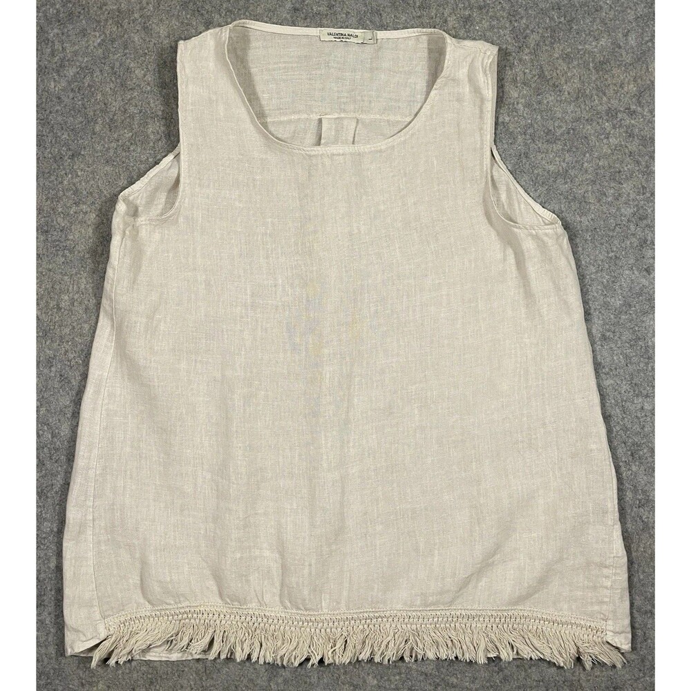 Valentina Naldi 100% Linen Tank Shell Natural Beige Fringe Boho Italy Large